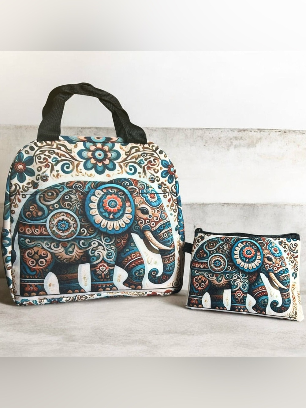 Boho Elephant Print Lunch Bag & Pouch Teal & Brown great for the Elephant lover